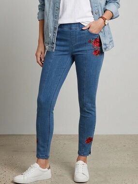 Hue Women’s Blue Denim and Red Floral Embroidered Jeggings Size Small/Waist 26